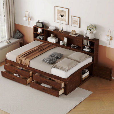 Full Wooden Captain Bed Frame, Storage Shelves, 4 Drawers, 2 Cabinets