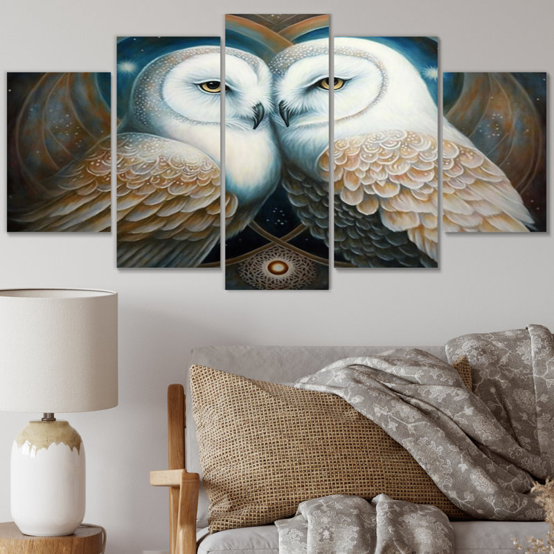 White Owls In Love - Animals Owl Wall Decor - 5 Panels