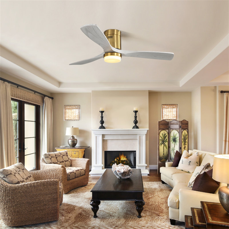 Ventilateur de plafond décoratif 52 pouces avec lumière DEL à intensité variable, télécommande 6 vitesses, 3 pales en bois massif, moteur à courant continu réversible pour le salon