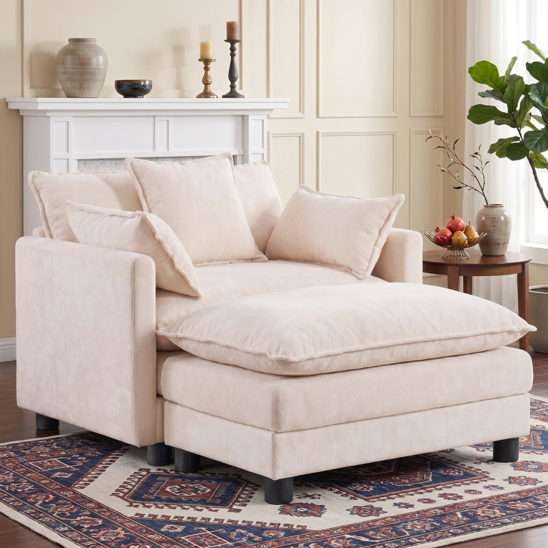 Fauteuil d'appoint surdimensionné en chenille avec repose-pieds, Beige