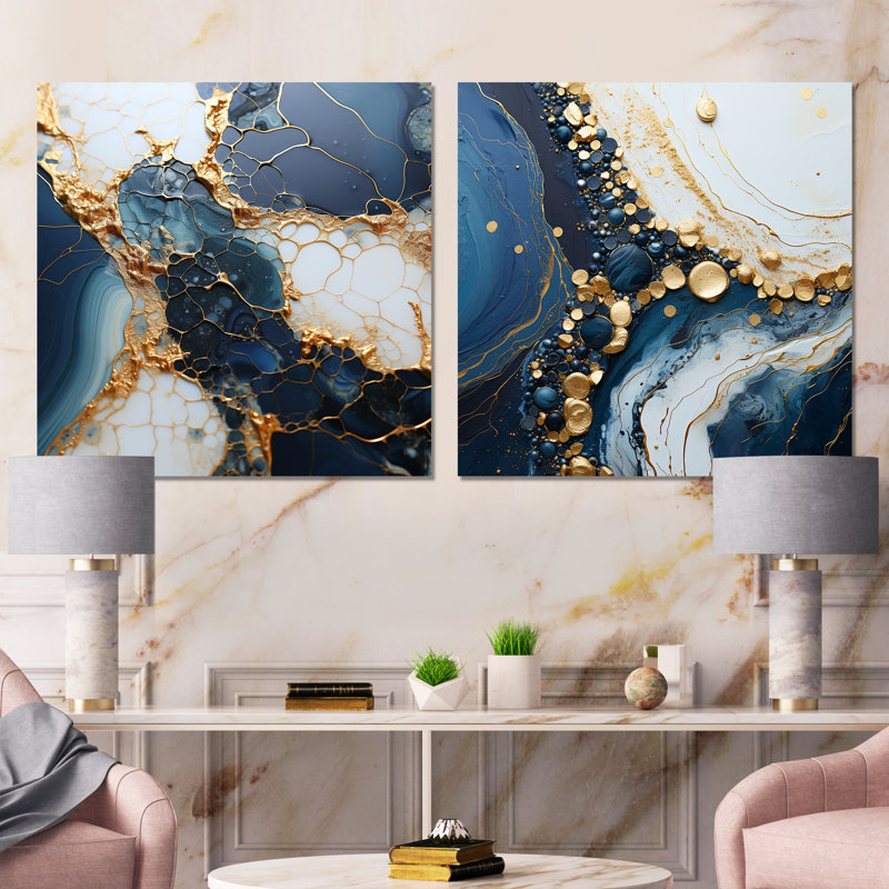 Gold And Blue Marble Ink Art I - Abstract Liquid Ink Metal Wall Decor Square Set of 2, 16" H x 32" W