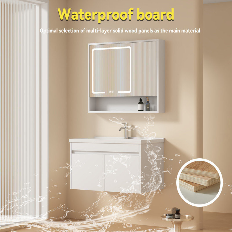 32 Inch Modern Floating Bathroom Vanity with LED Mirror Cabinet &Ceramic Sink Set,Wall Mounted Vanities with LED Medicine Cabinet&Lights&Mirror,Defog,Dimmer,(No Faucet)