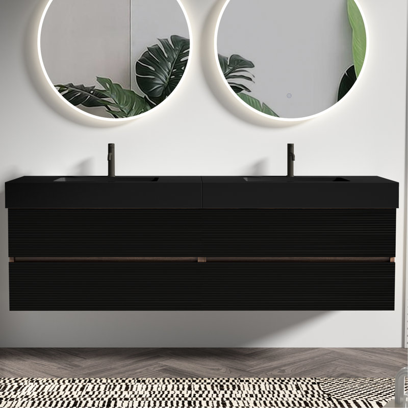 Meuble-lavabo moderne de 183 cm avec lavabo noir mat, tiroirs à fermeture amortie, double vasque, quatre grilles et jointures en noyer, panneaux de qualité E1, finition à base d'eau E0, poignée centrale dissimulée, bonde en forme de U.