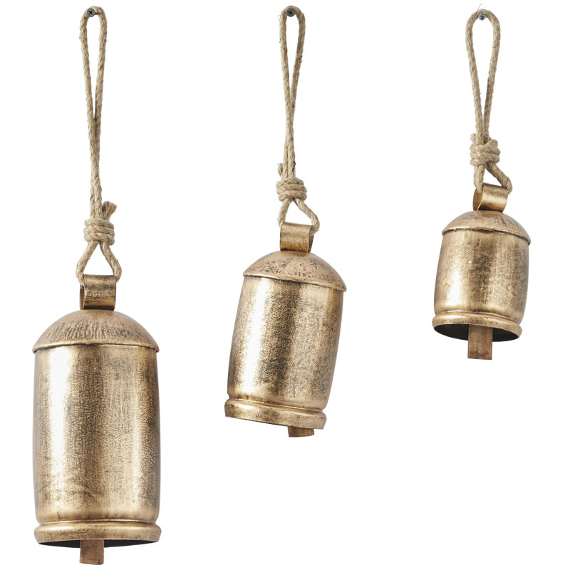 Kaskaskia Metal Tibetan Inspired Indoor Outdoor Decorative Cow Bells with Jute Hanging Rope Set, Gold