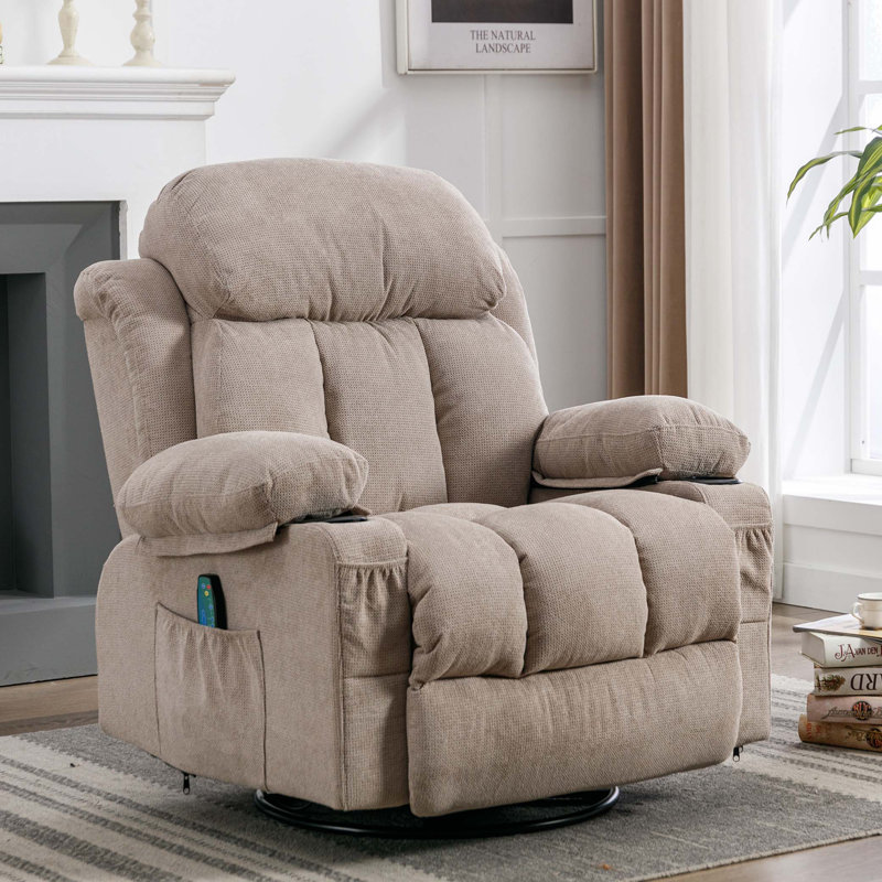 Swinging recliner massage heated sofa, with USB and 2 cup holders in side pockets, Brown