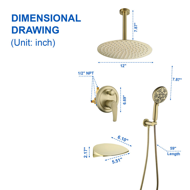 Shower Faucet Set With Tub Spout, Ceiling Mount Shower System With 12 Inch Rain Showerhead And Tub Spout Included Valve And Trim
