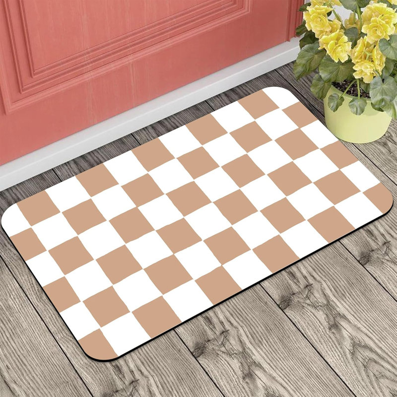 Front Door Mat, Tan and White Checkered Checkerboard Doormat Outdoor Entrance, Non-Slip Low Profile Absorbent and Easy Clean Outdoor Welcome Mat for Entryway Patio Porch 16x24 in