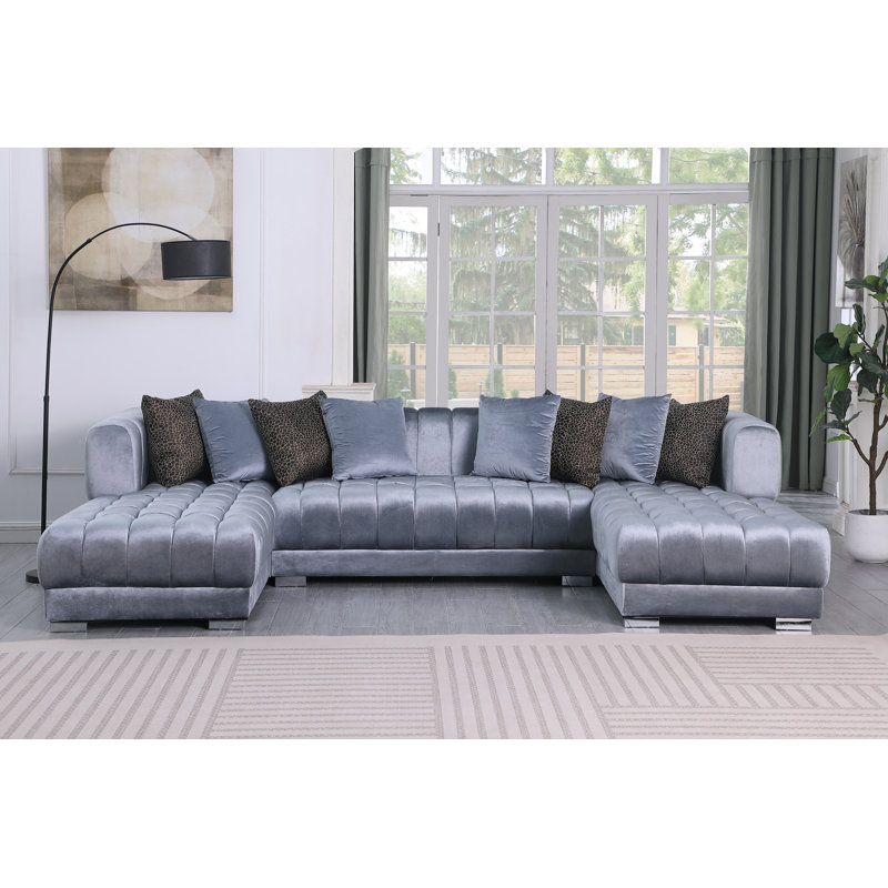 Mayford Double Chaise Modern Grey Velvet Sectional With Pillows And Silver Legs, Silver, Gray Velvet