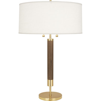 Modern Brass And Walnut Table Lamp With Oyster Linen Shade - Mid-Century Inspired Lighting Fixture | 28.25 Inch Decorative Table Lamp For Chic Home Decor