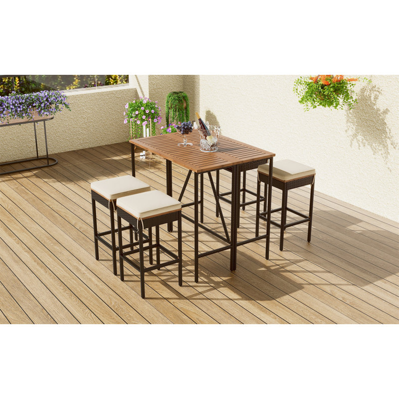 Table de bar 5 pièces et 4 tabourets avec coussins pour l'extérieur
