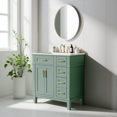 Meuble-lavabo de 30 po avec lavabo en céramique, armoire de rangement moderne avec portes à fermeture douce, tiroir profond et tiroir standard, meuble-lavabo élégant pour les petites salles de bain