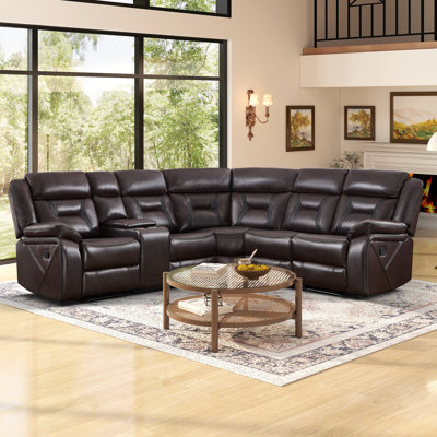 Rohan Curved 7-Piece Manual Reclining Faux Leather Sectional Sofa With Storage Console & Cup Holders