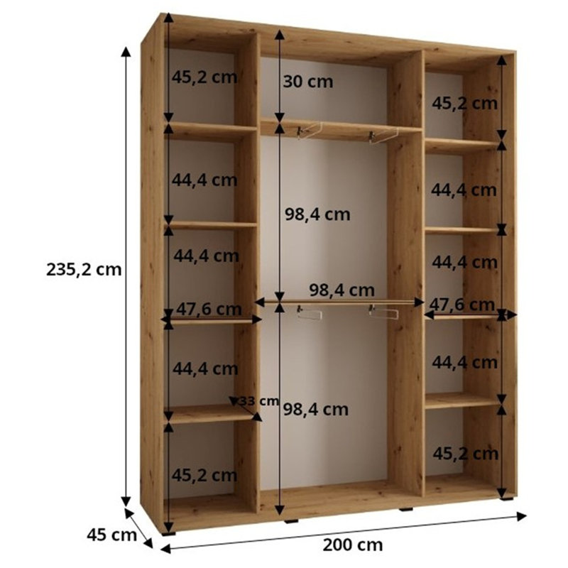 3 Door Wardrobe, 235.2cm H x 200cm W x 45cm D, Natural
