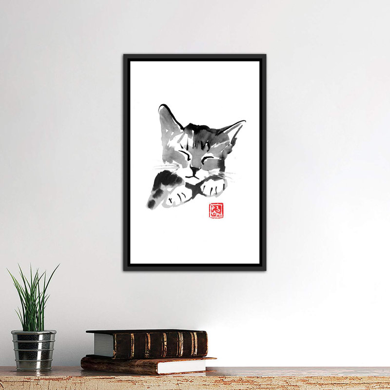 «Cute Cat» par Péchane - impression d'art graphique, H 26 po x l 18 po x 1,5 po, Toile avec cadre noir patiné, Pas de tapis
