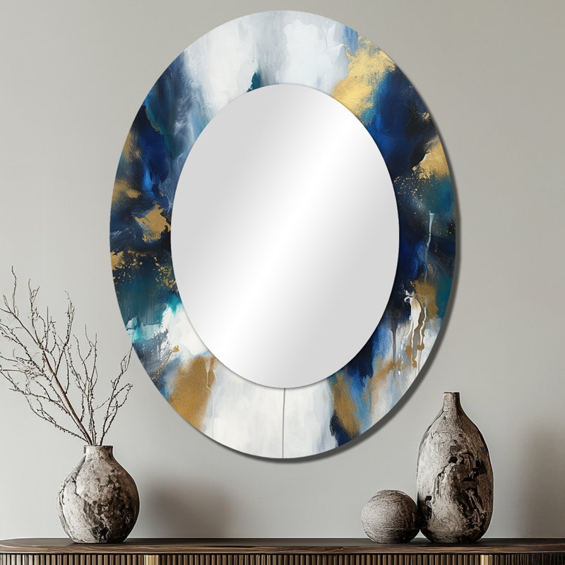 Indigo Awakening Abstract In Blue And Gold - Modern Oval Wall Mirror, 40" x 30"