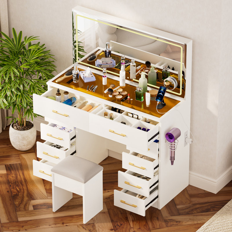 Meuble-lavabo de 46 po avec miroir et tabouret à 10 tiroirs
