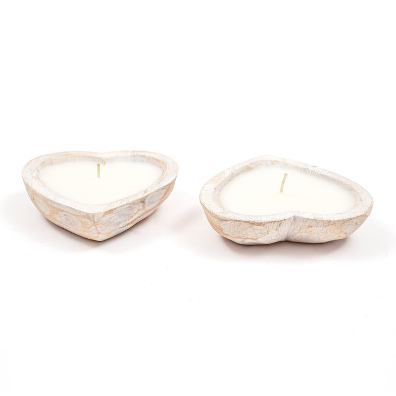 Bougie décorative en forme de cœur en bois blanc vieilli avec cire de soja - 3 mèches 5 oz (parfum bois de santal vanille)