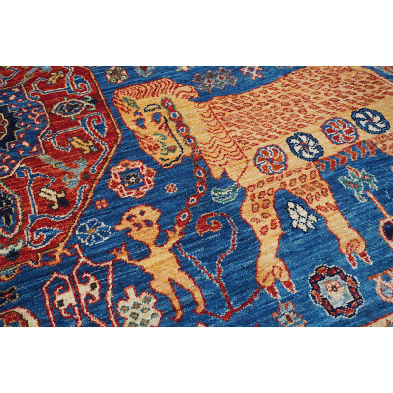 Tapis bleu clair et multicolore de haute qualité noué à la main
