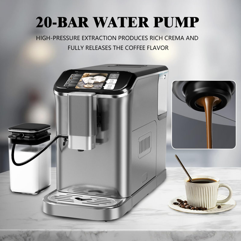 20 Bar Automatic Espresso Machine with Built-In Grinder, Office Coffee Machine with Lcd Touch Control Panel and Double Boiler System, Auto-Cleaning Quiet Coffee Maker for Beginners