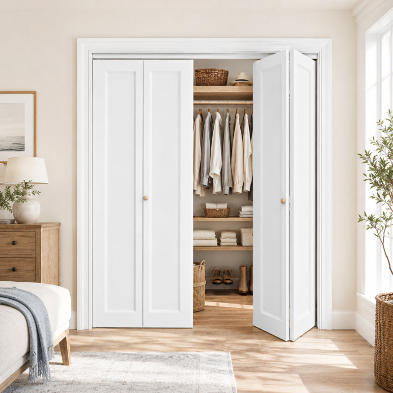 48"x80" Primed Panel Double Bi-Fold Door White Solid Core Wood With Installation Hardware Kit (pantry,closet door), 48" x 80"