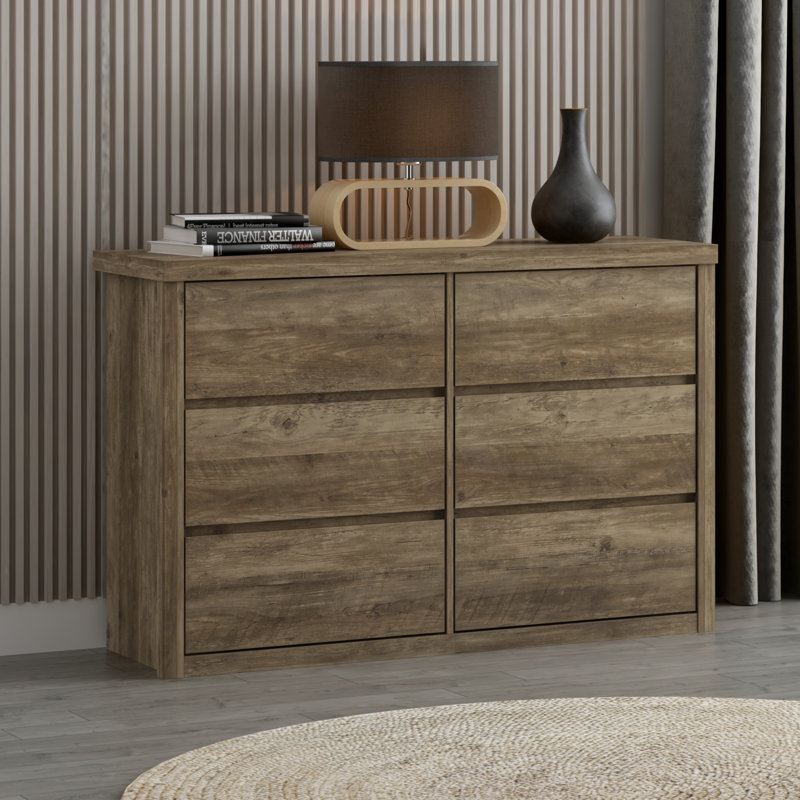 Brannick 46.5" W Handleless 6-Drawer Double Dresser, Knotty Oak