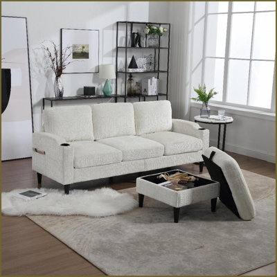 Canapé 3 places en chenille avec repose-pieds, porte-gobelets et amp; Poches latérales - Confort du salon / appartement | Beige | Chenille | Dossier rembourré