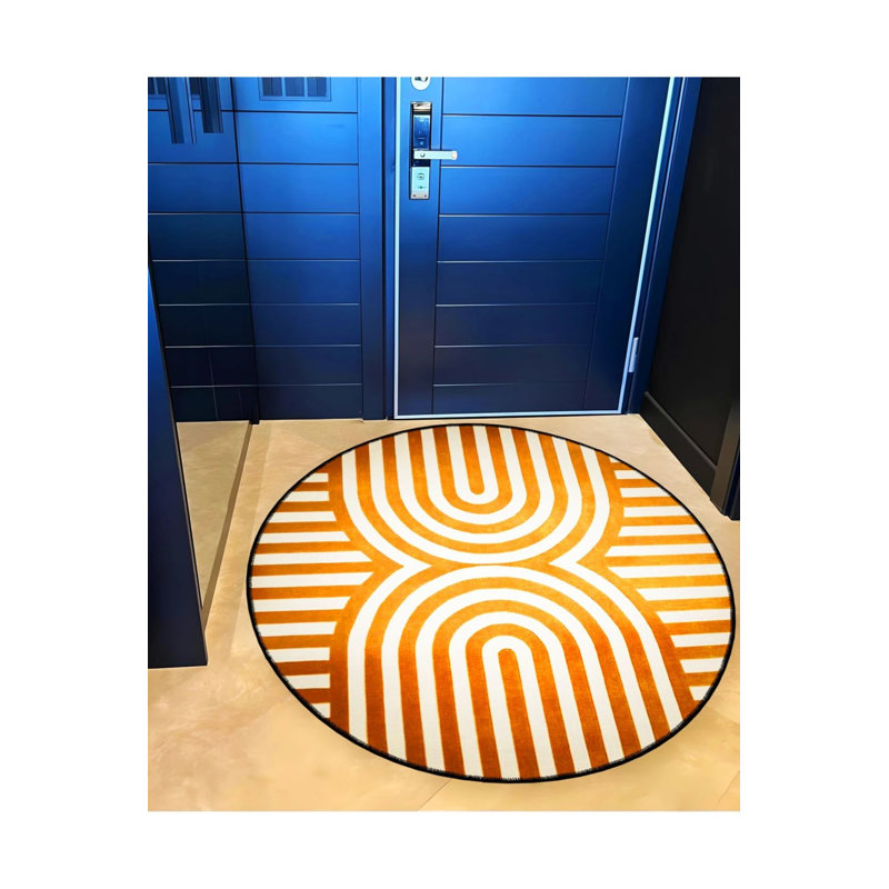 Orange Stripes And Shapes Patterned Woven Base Decorative Carpet, Round 4'