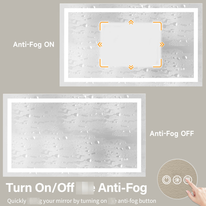 Miroir de salle de bain à DEL, deux systèmes d'éclairage, trois réglages de couleur, réglage continu de la luminosité, fonctionnalité de brouillard, montage horizontal ou vertical, source d'alimentation homologuée UL, fonction de rappel intelligent