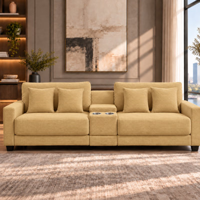 Cottie 111.8" W Sofa,3-Piece Reversible Corduroy Couch With  Storage,USB and Cup Hold for Living Room,Reading Room