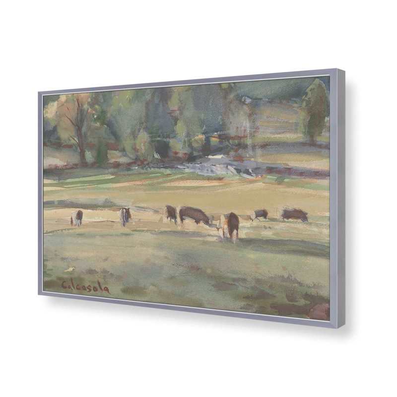 «Grazing Cows» par Stephen Calcasola, reproduction d'art, H 30 po x l 40 po, Impression sur cadre ouvert sans papier mat