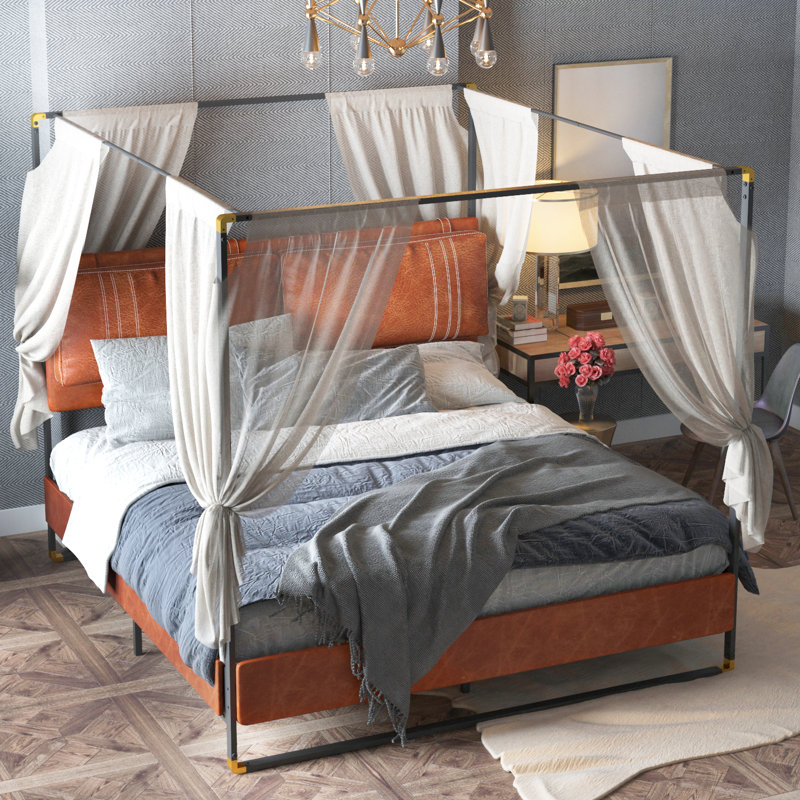 Upholstered Metal Canopy Bed, King, Brown