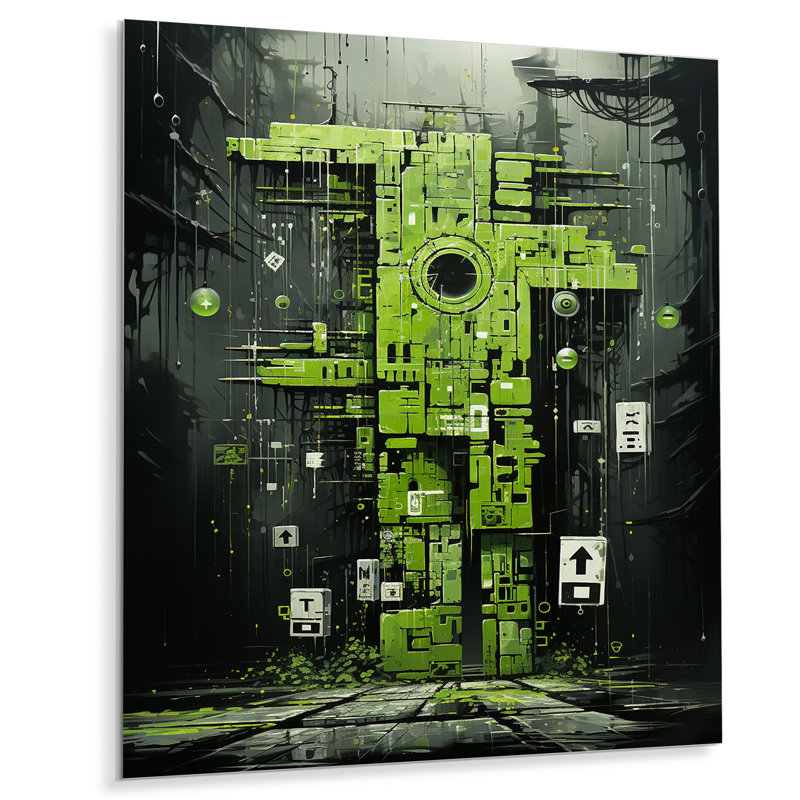 «Green Maya Shapes Mask I» - Décoration murale abstraite en métal, H 32 po x l 16 po x P 1 po