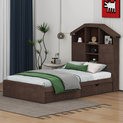 Tieesha Wood Platform Bed with House-Shaped Storage Headboard and 2 Drawers -  Latitude RunÂ®, 585E7E45EC25439B9553133BFB610A30