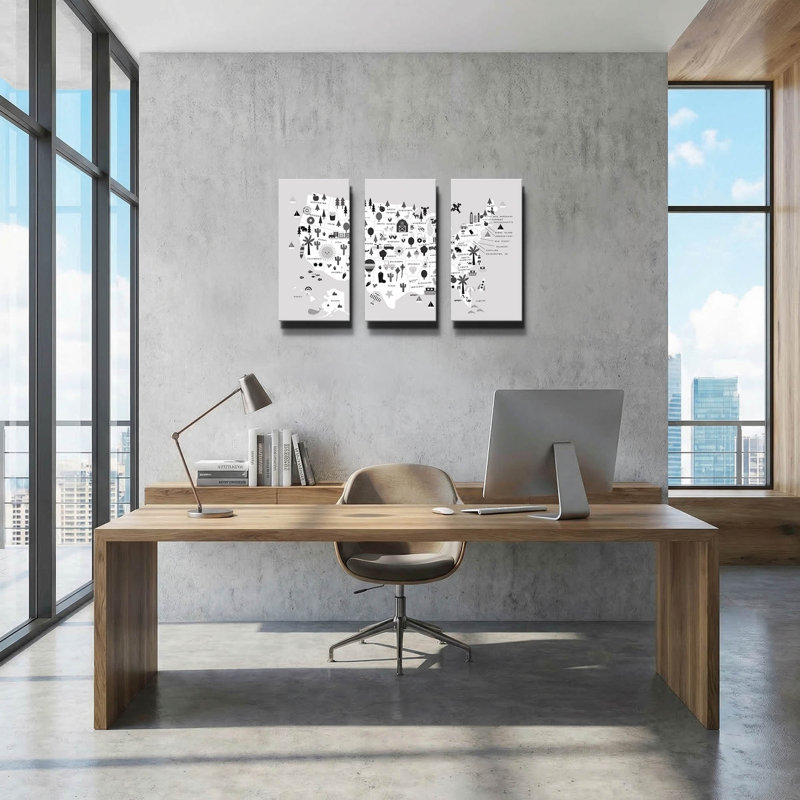 « Carte amusante des États-Unis en noir et blanc » par Ann Kelle, triptyque mural, 91,4 cm x 61 cm, 78"x34"