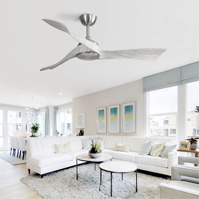 52 Inch Ceiling Fan Without Light 6 Wind Speed Timing Function 3 Solid Wood Blade Reversible DC Motor