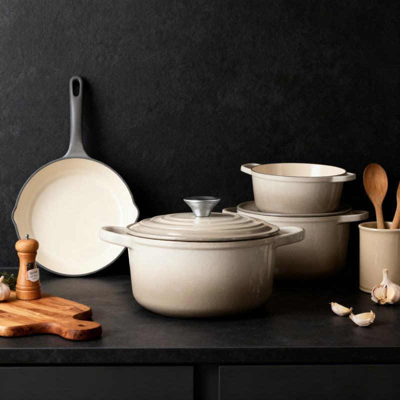 Batterie de cuisine en fonte émaillée 7 pièces 7 pièces, Beige