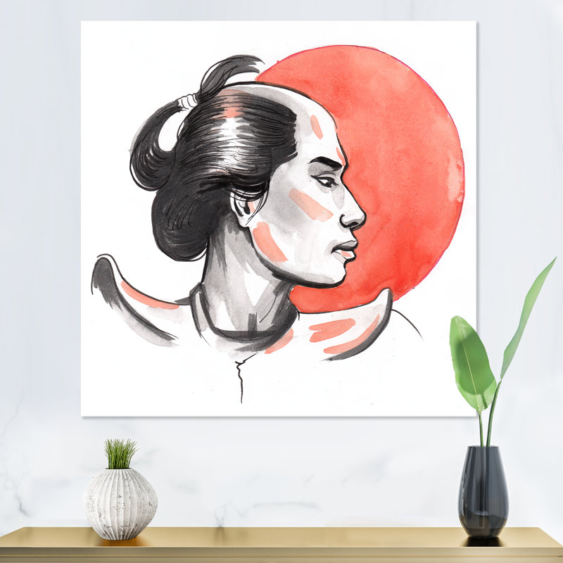 Samurai Warrior And Red Sun - reproduction d'art moderne sur toile Mid-Century, H 36 po x l 36 po x P 1 po, Toile tendue