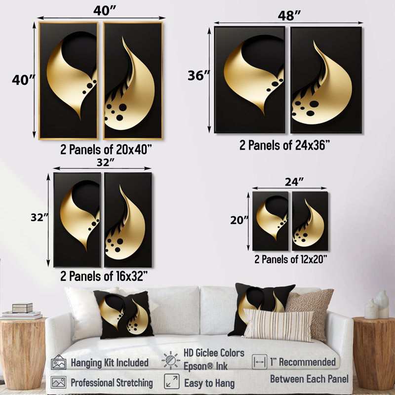 Gouttelettes dorées sur fond noir - grande décoration murale géométrique abstraite, Noir, noir, noir, noir, H 36 po x l 48 po