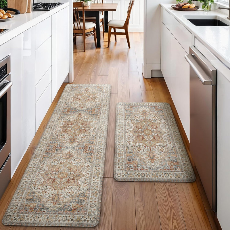 Tapis de cuisine imperméable anti-fatigue anti-dérapant, Tapis de couloir 1 pi 5 po x 4 pi 11 po, Brun/orange/beige