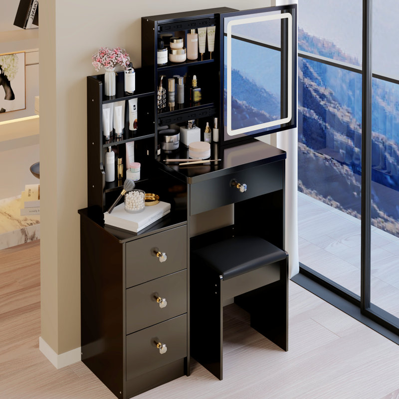 Ensemble de meuble-lavabo de 29,2 po de petite taille avec coiffeuse, 3 couleurs d'éclairage et coiffeuse avec miroir coulissant à lumière DEL réglable, meuble-lavabo moderne avec tabouret de meuble-lavabo pour chambre à coucher, noir