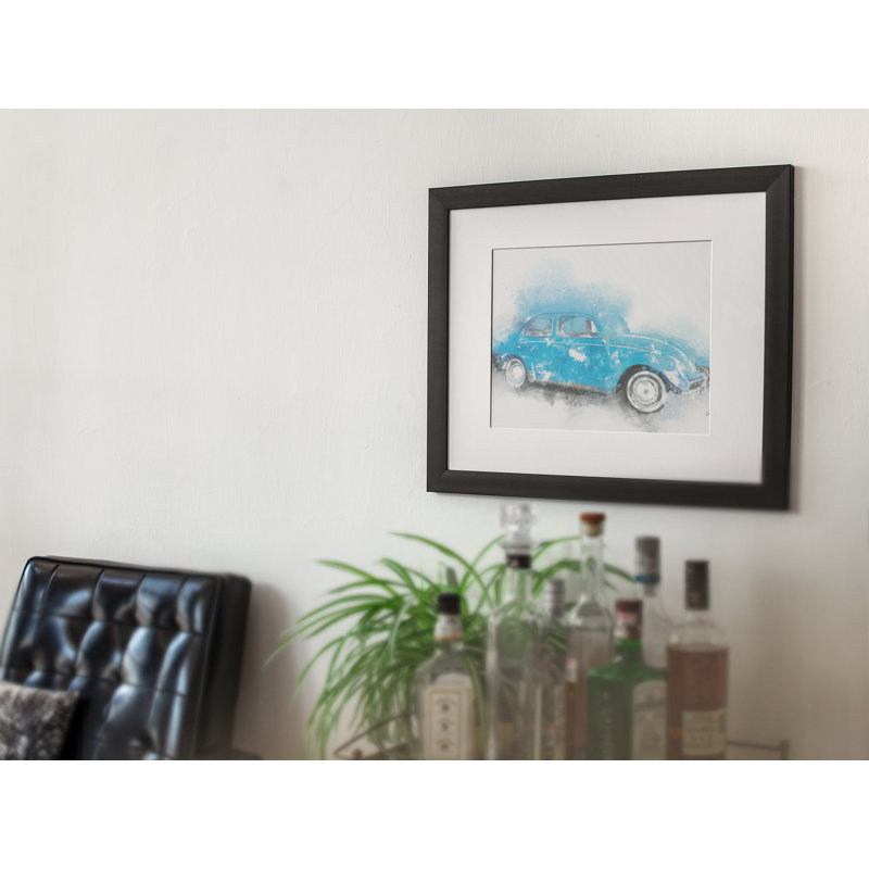 Blue Bug Classic Car Framed Wall Art - Single Picture Frame Illustration on Wood