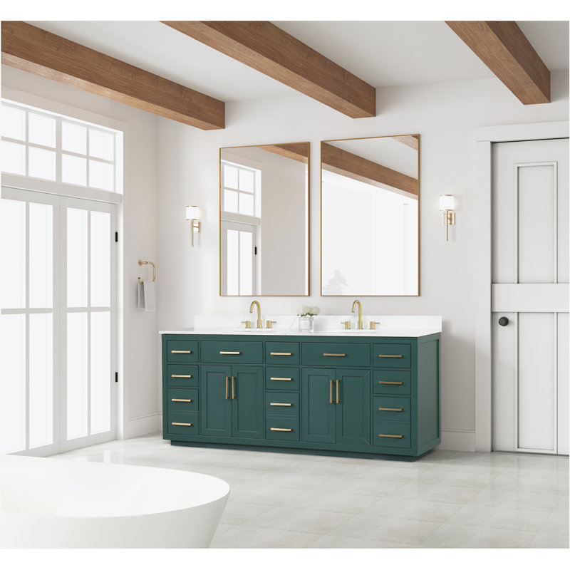 Green Solid Wood 84" Freestanding Double Sink Bathroom Vanity