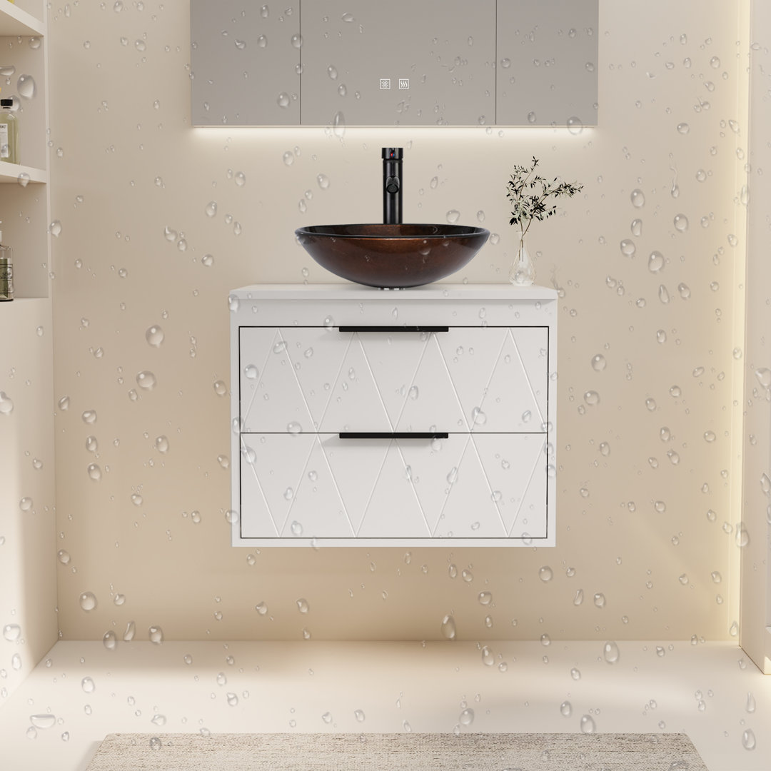 Sharee 24" Wall Mount Single Bathroom Vanity with Vessel Sink, Floating Cabinet Manufactured Wood Top, Faucet, Drain Ebern Designs Base