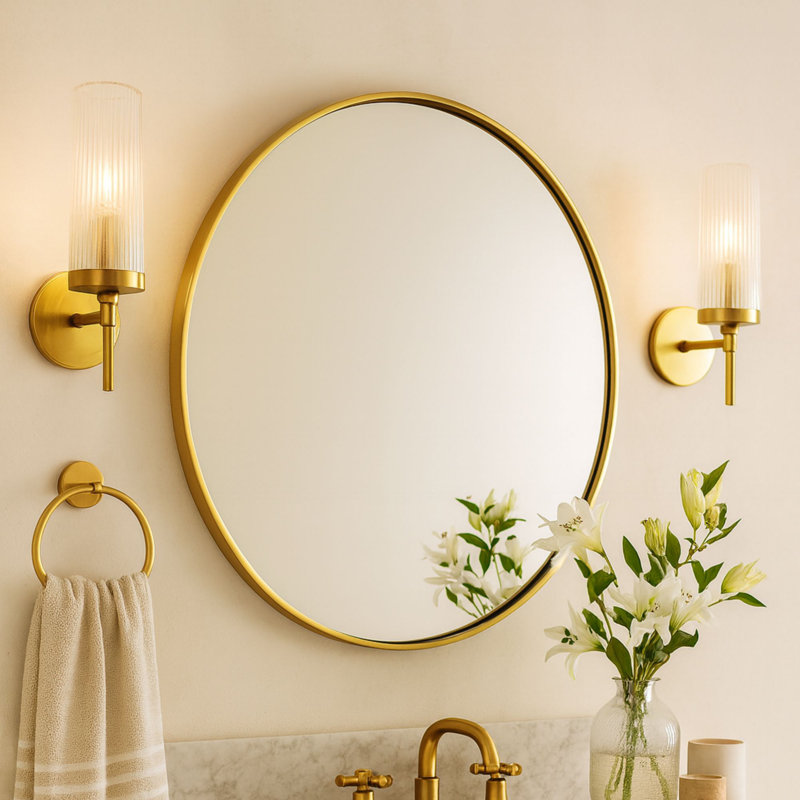  Korra Round Gold Mirror 30 inch, Brushed Brass Circle Mirror for Wall, Gold Wall Mirror for Bathroom Vanity,Bedroom & Entryway