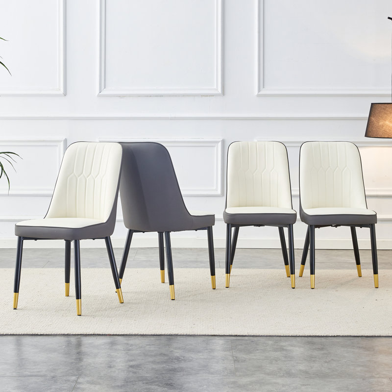 Ensemble de 4 chaises de salle à manger Modern - dossier en similicuir blanc / gris foncé, pieds en métal noir pour la cuisine, la chambre à coucher et le bureau