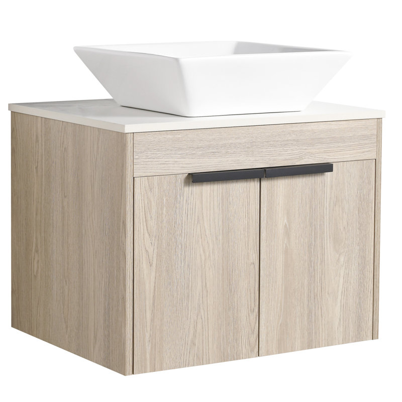 Meuble-lavabo moderne 24 po. Chêne blanc fixé au mur. Lavabo en céramique et porte à fermeture en douceur. Rangement abondant. Poignée en métal. Meuble-lavabo élégant en chêne. Vaste rangement dans l'espace