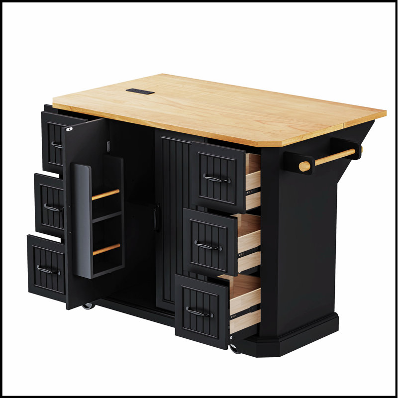 56 Inch Rustic Rolling Kitchen Island with Drop Leaf, Power Outlet, and Ample Storage on Wheels