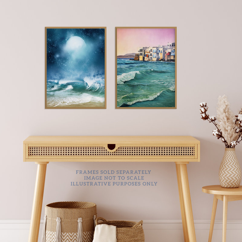 Sea Shore Waves Seaside Coastal Town Landscape - 2 Piece No Frame Print Set, 29.7cm H x 21cm W x 0.4cm D