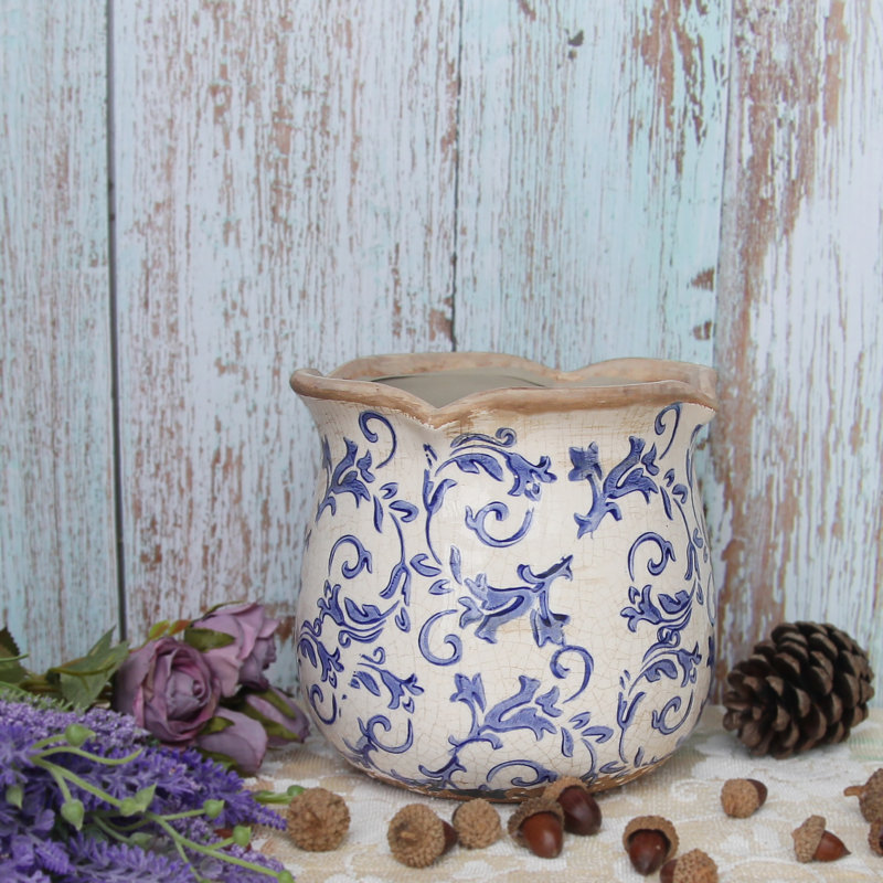 Retro Farmhouse Ceramic Pot Planter & Vase, Vintage Antique Flower Pot for Indoor Plants & Home Garden Decor, Blue