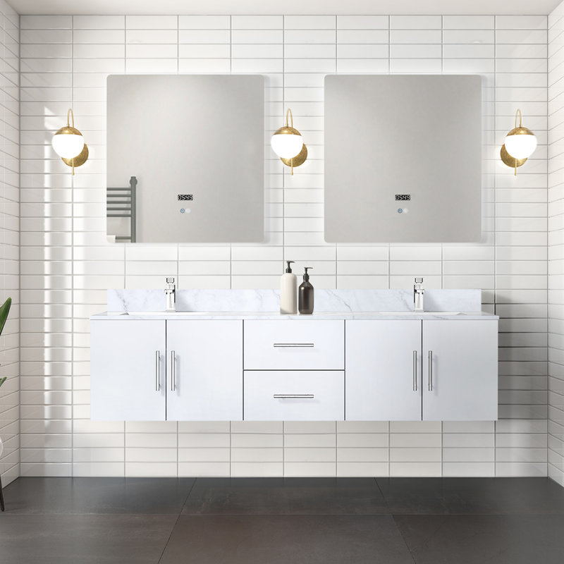 Geneva 72 in W x 22 in D Double Bath Vanity and 30 in LED Mirrors, Glossy White
